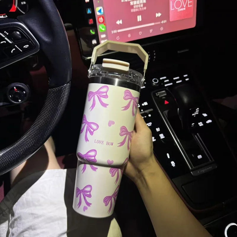 30oz Cute Bow Thermos Bottle With Lid And Straw Stainless Steel Insulated Tumbler Hot Coffee Cup Portable Handle Car Thermal Mug