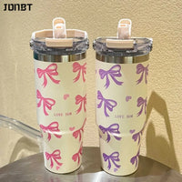 30oz Cute Bow Thermos Bottle With Lid And Straw Stainless Steel Insulated Tumbler Hot Coffee Cup Portable Handle Car Thermal Mug