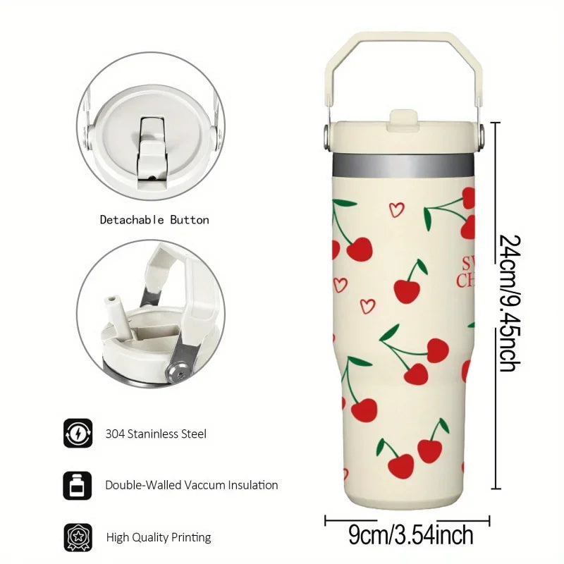 30oz Cute Bow Thermos Bottle With Lid And Straw Stainless Steel Insulated Tumbler Hot Coffee Cup Portable Handle Car Thermal Mug