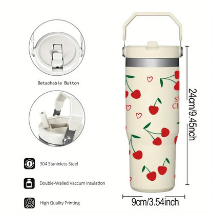 30oz Cute Bow Thermos Bottle With Lid And Straw Stainless Steel Insulated Tumbler Hot Coffee Cup Portable Handle Car Thermal Mug