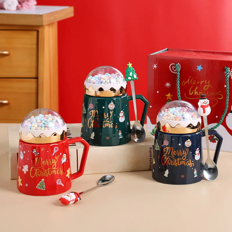 Christmas Mug Cute Cartoon Ceramic with Lid Spoon Coffee Cup New Year Gift Set Drinkware Tea Cup Party Decoration Drinkware