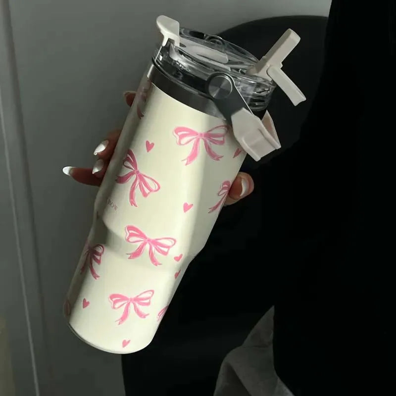 30oz Cute Bow Thermos Bottle With Lid And Straw Stainless Steel Insulated Tumbler Hot Coffee Cup Portable Handle Car Thermal Mug