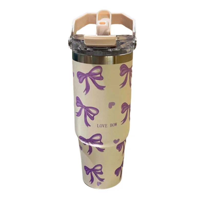 30oz Cute Bow Thermos Bottle With Lid And Straw Stainless Steel Insulated Tumbler Hot Coffee Cup Portable Handle Car Thermal Mug