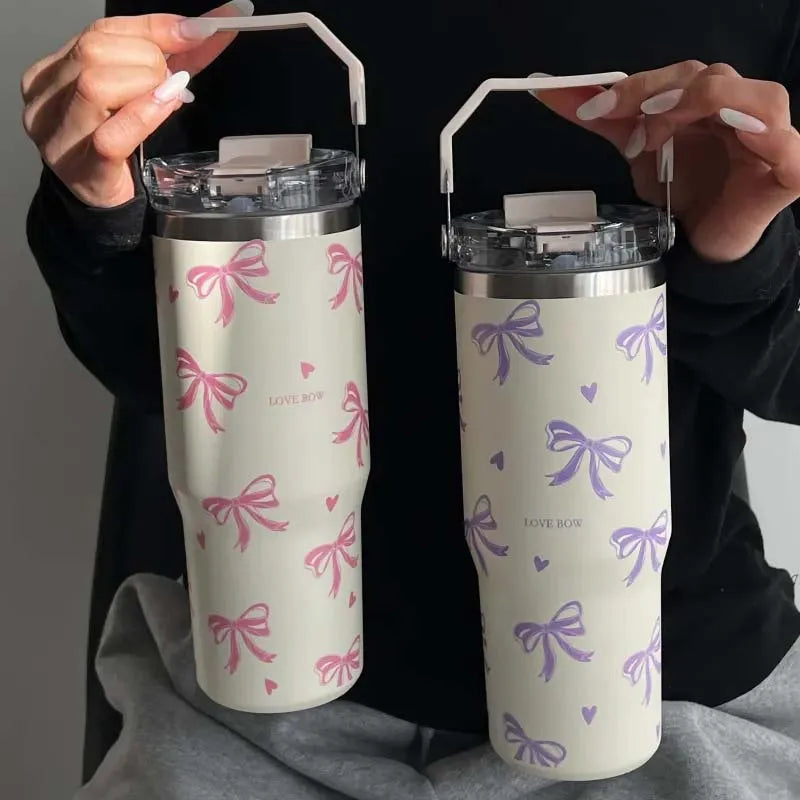 30oz Cute Bow Thermos Bottle With Lid And Straw Stainless Steel Insulated Tumbler Hot Coffee Cup Portable Handle Car Thermal Mug