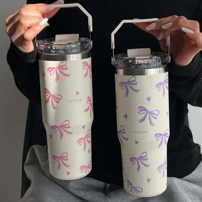 30oz Cute Bow Thermos Bottle With Lid And Straw Stainless Steel Insulated Tumbler Hot Coffee Cup Portable Handle Car Thermal Mug
