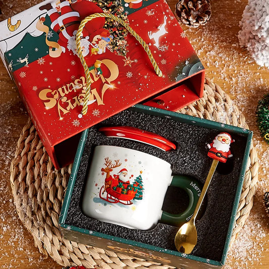 Cute Cartoon Santa Ceramic Mug Gift Set Wooden Lid with Spoon Holiday Favor Choice for Friends Family Lover Warm Christmas