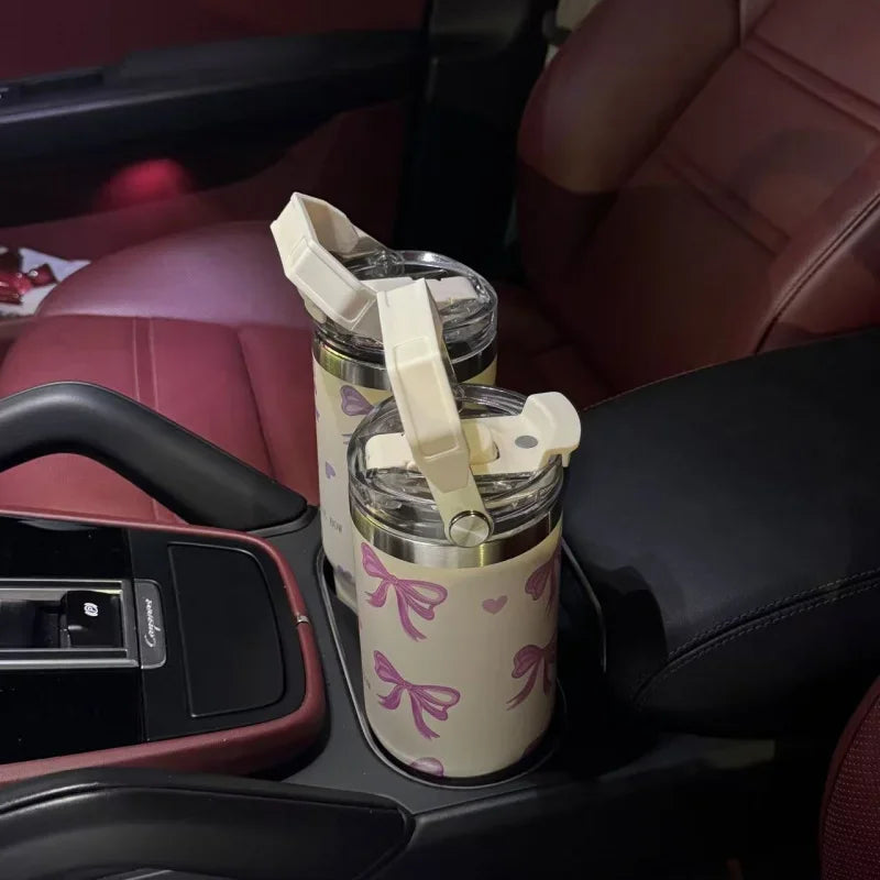 30oz Cute Bow Thermos Bottle With Lid And Straw Stainless Steel Insulated Tumbler Hot Coffee Cup Portable Handle Car Thermal Mug