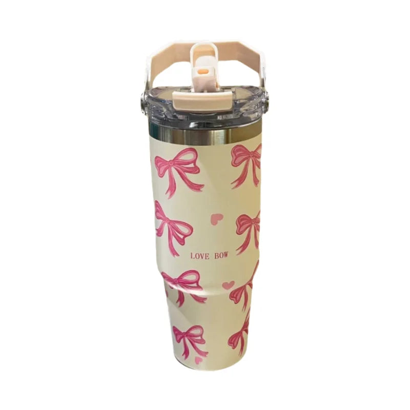 30oz Cute Bow Thermos Bottle With Lid And Straw Stainless Steel Insulated Tumbler Hot Coffee Cup Portable Handle Car Thermal Mug