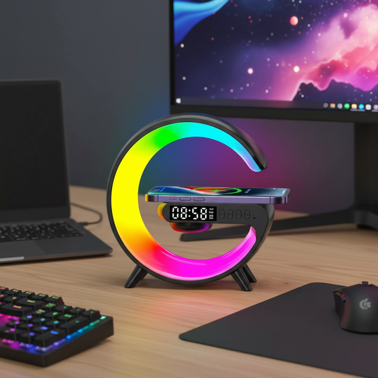 RGB Wireless Charging Stand with Alarm Clock & Bluetooth Speaker – Fast Qi Charger for iPhone, Samsung & Xiaomi